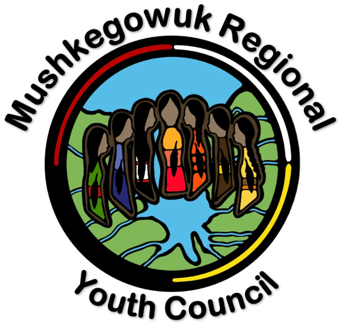 Logo of Mushkegowuk Regional Youth Council with people in a circle around a lake.